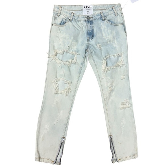 One Teaspoon Trashed Free Birds Skinny Jeans, Size 28 NWT, Light Wash Distressed - Picture 2 of 16